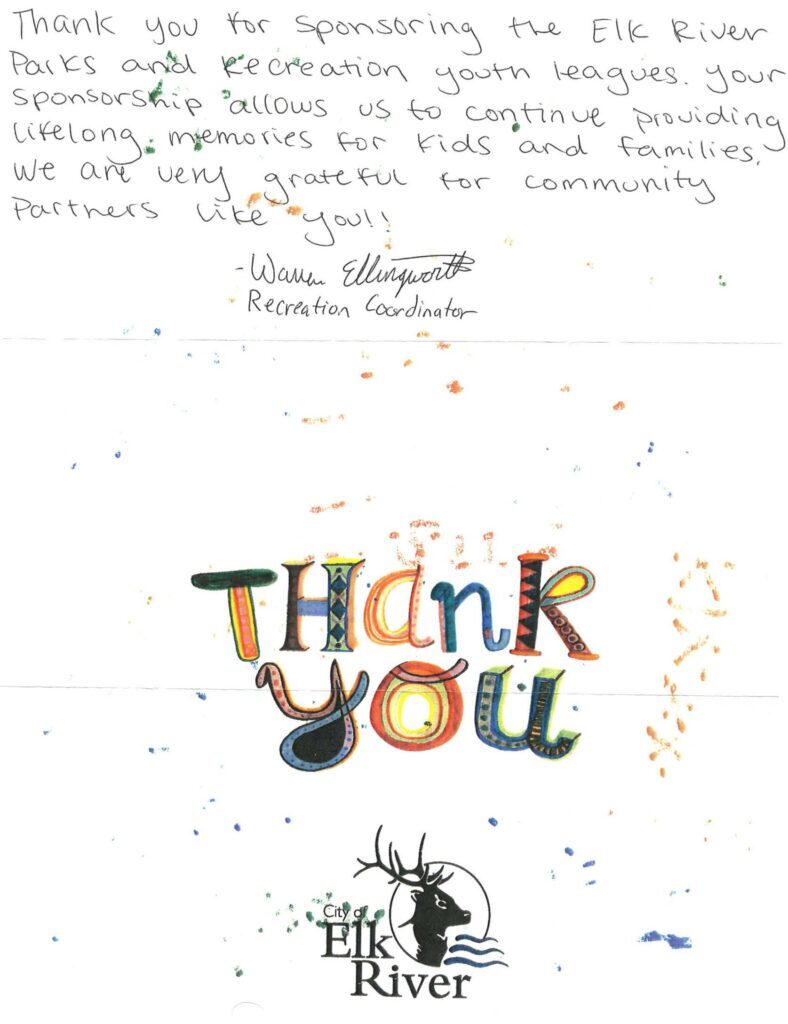 Elk River Parks and Recreation thank you note