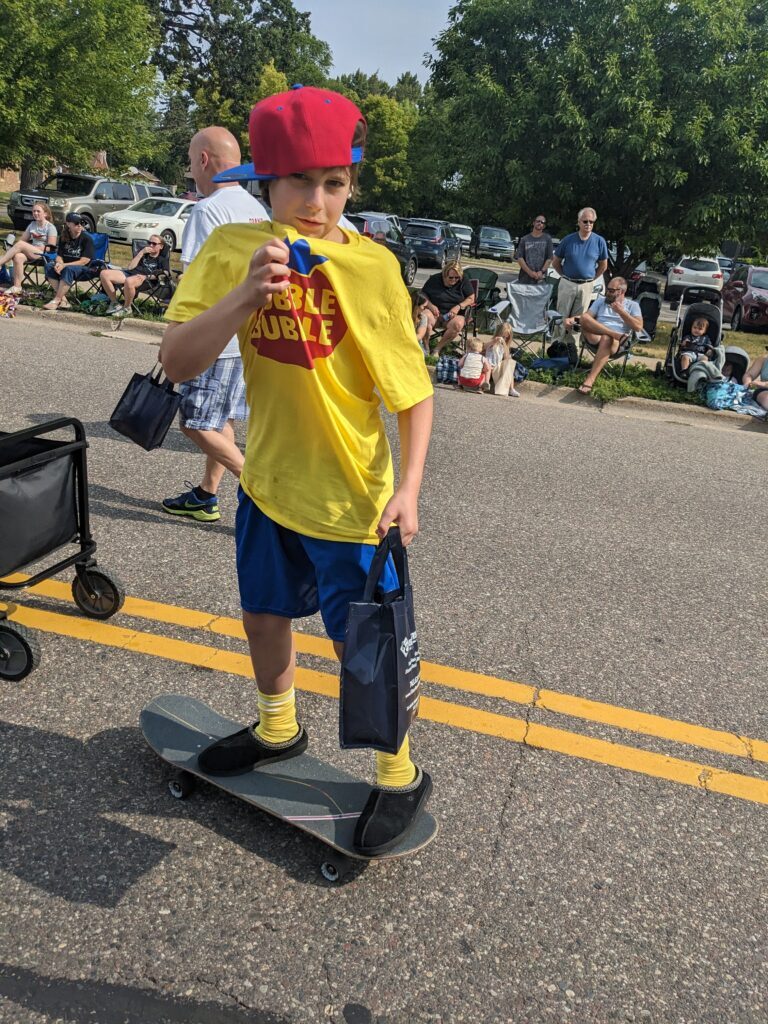 dubble bubble boy at 2023 sherburne county fair parade